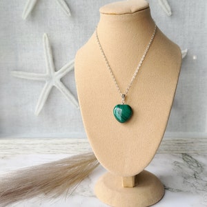 Natural malachite heart sterling silver necklace, Green healing meditation crystal heart pendant