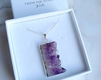 Amethyst slice necklace, Purple raw edge crystal pendant, Healing meditation crystal