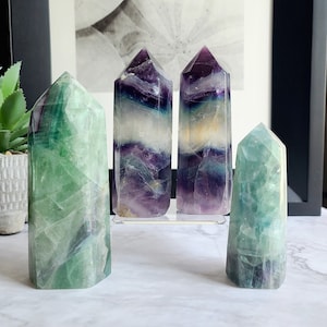 Large fluorite crystal tower, Blue green white rainbow flash healing meditation decor crystal