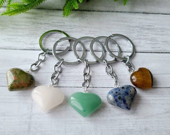 Polished Crystal Heart Keychain: Rose Quartz, Aventurine, Sodalite, Tigereye, Unakite