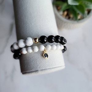 Onyx crystal charm sterling silver 22k gold filled bracelet stack, Black protection healing crystal bracelets