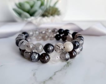 Tourmaline in Quartz Bracelet: Stretchy Healing Crystal, 8mm Beads