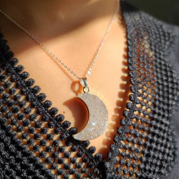 Quartz Sterling silver moon necklace, Crystal moon pendant, Sparkling crescent healing crystal