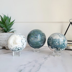Moss agate crystal sphere, Healing meditation abundance wealth home decor druzy crystal ball