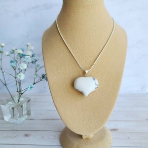 Howlite heart shape silver necklace, Calming healing crystal heart pendant