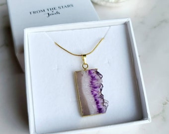 Amethyst slice raw edge pendant, Natural crystal gemstone 18K gold plated necklace