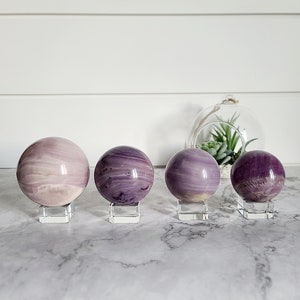 Silk fluorite sphere, White banding lavender fluorite healing meditation crystal ball