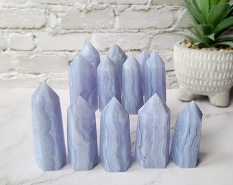 Blue lace agate crystal tower, Blue lace white banding rare crystal point