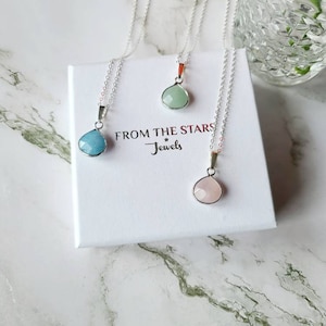 Sterling silver faceted gemstone necklace, Rose quartz, Green aventurine, Blue jade crystal pendant