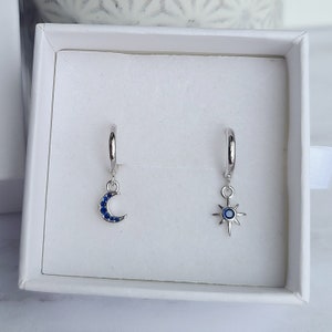 Star and moon sterling silver earrings, Celestial huggies
