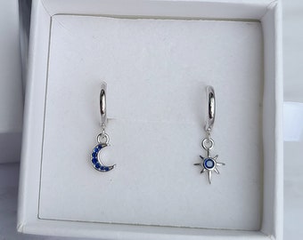 Star and moon sterling silver earrings, Celestial huggies