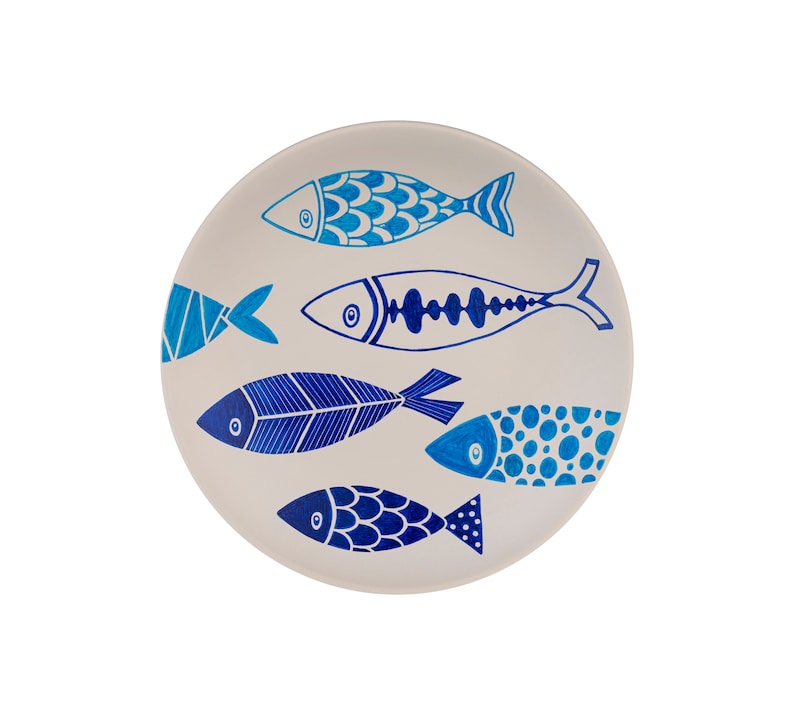 Plate Set, Hand Painted Decorative Wall Plates, Set of 5 Pieces With Hangers, Fish Figures, Host Gift, Holiday Gift Pattern 2