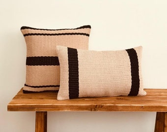 Handwoven Pillow Case, Cotton Decorative Throw Pillow,  Off  White With Black Straps  Pillow, Boho Pillow Cover