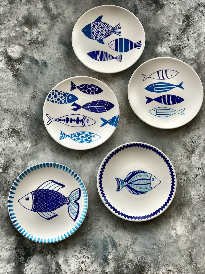 Plate Set, Hand Painted Decorative Wall Plates, Set of 5 Pieces With Hangers, Fish Figures, Host Gift, Holiday Gift Set of 5