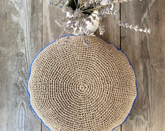 Home Decor and Gift, Circle Straw Pillow Cover, Raffia Bohemnian Cushion Pillow Case, Handknit Pillow Cover,  Natural Color