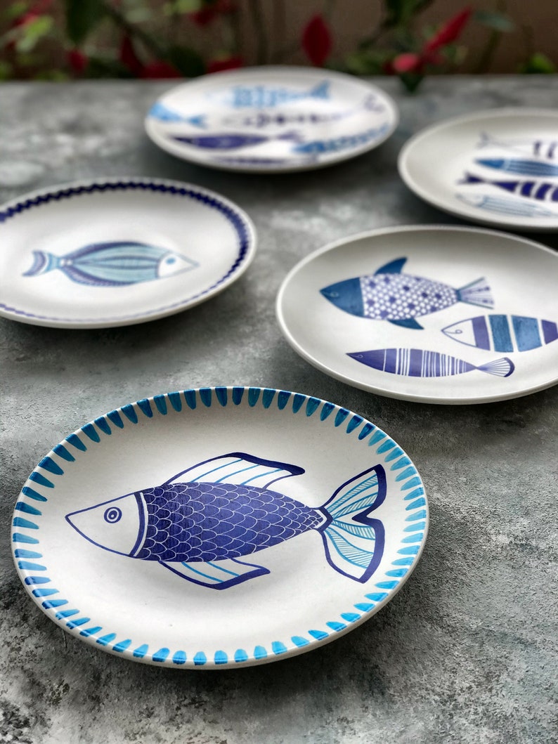 Plate Set, Hand Painted Decorative Wall Plates, Set of 5 Pieces With Hangers, Fish Figures, Host Gift, Holiday Gift image 8