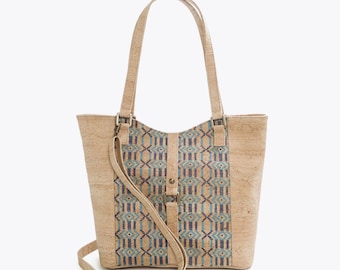 Cork shoulder bag with ethnic blue prints