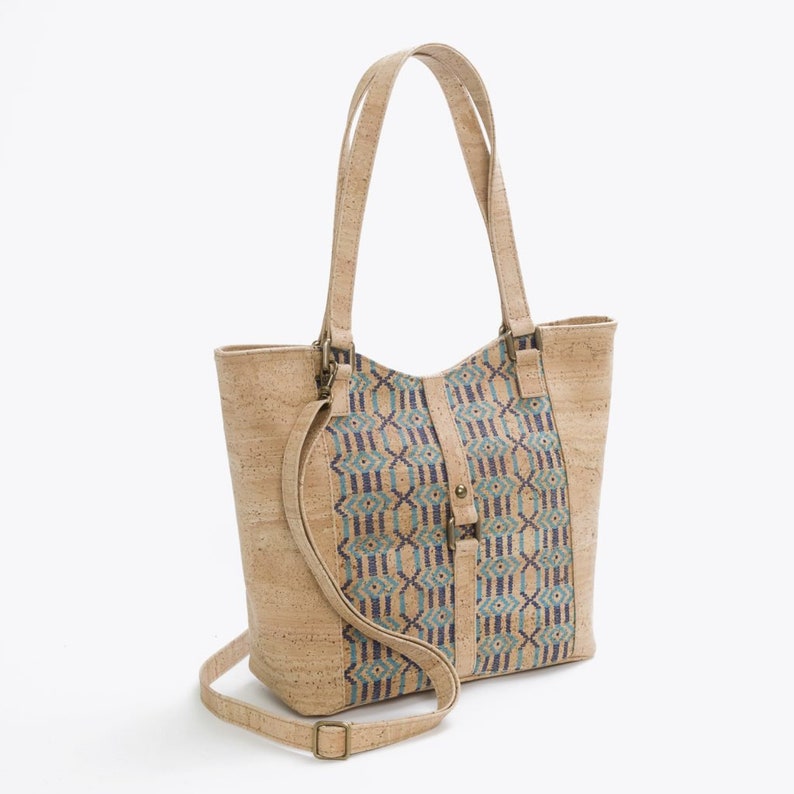 Cork shoulder bag with ethnic blue prints image 2