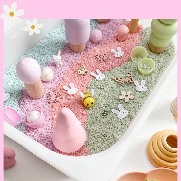 Paquete de mezcla de arroz sensorial pastel // Contenedor sensorial de Pascua, juego de piezas sueltas, Montessori, bandeja sensorial, relleno sensorial, Trofast, juego de mundo pequeño