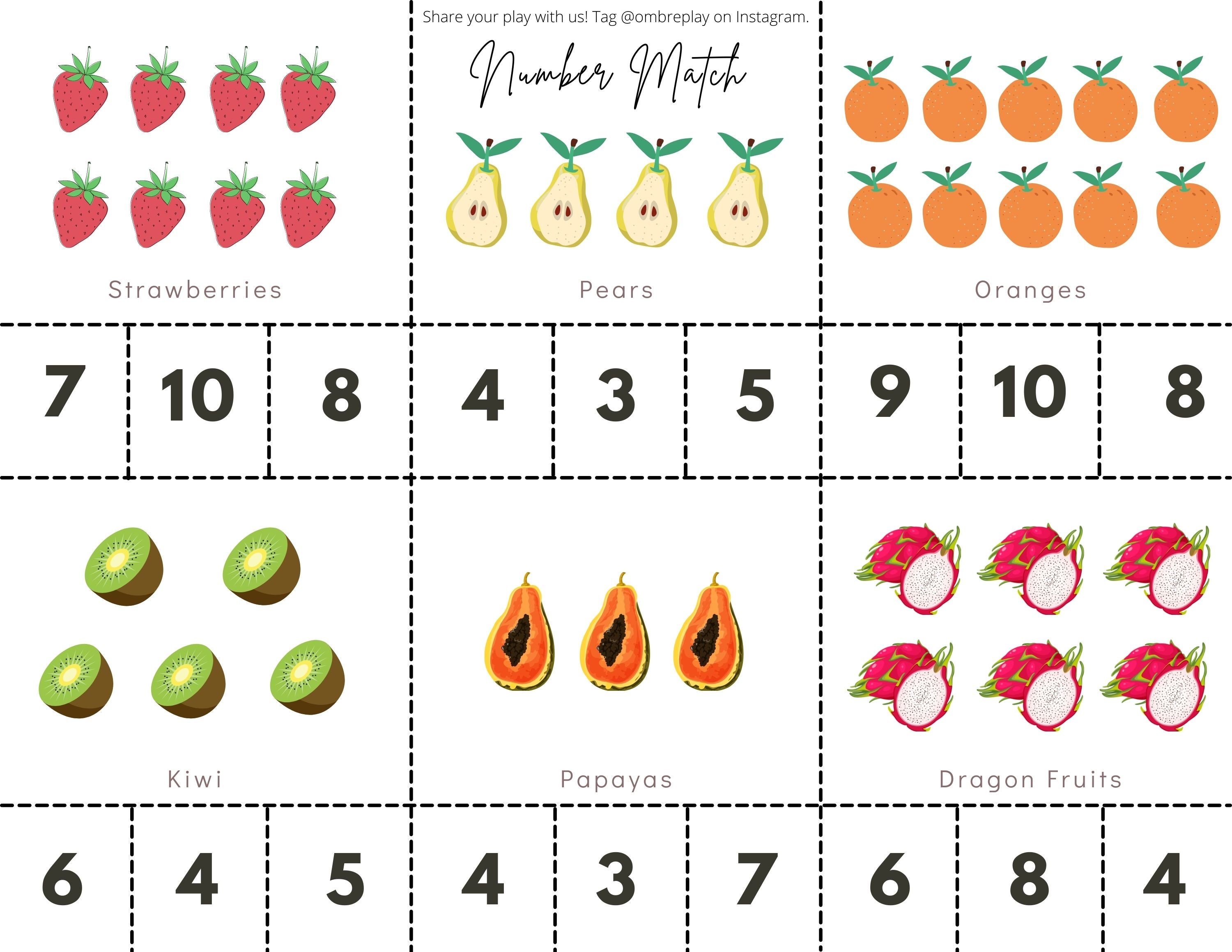 Fruits Number Match Kids Learning Printable DIGITAL Download Etsy