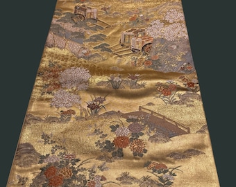 Free shipping. Vintage Japanese Obi(kimono sash), 100% silk, gold-toned ground woven with diverse techniques. Item No. 0503-0085.