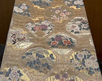 Shipping Free, Vintage Japanese Obi (kimono sash) 100%silk, Gold Weaving Pattern Base, Flowers and Trees Embroidery 05-0091
