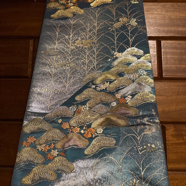 Shipping Free Vintage Japanese Obi 100% Silk, Gold, Green-Blue Color Delicacy, Pine Trees depicted in Calm Atmosphere 06-0123