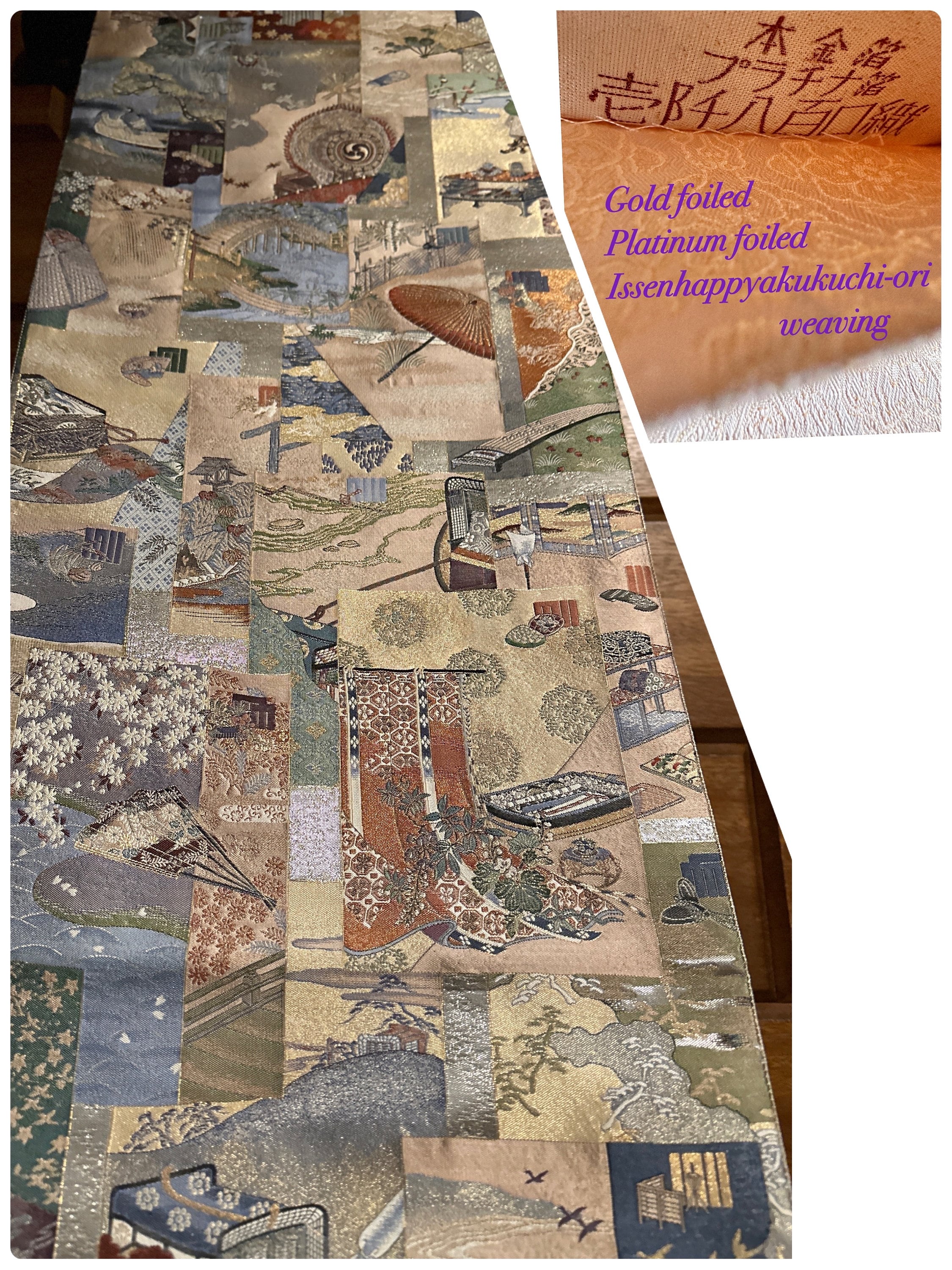Shipping Free Vintage Japanese Obi 100% Silk, Rare. Exquisitely High-Density Weaving, So Detailed Patterns, Platinum+Gold foiled 06-0124