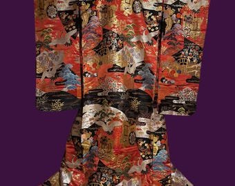 May include: A black and red Japanese kimono with a traditional design featuring cranes, flowers, and geometric patterns. The kimono is made of silk and has a gold metallic sheen.