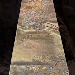 Free shipping Vintage Japanese Obi (Kimono sash), 100%silk, Shinning Gold base, High-density Embroidery 05-0014