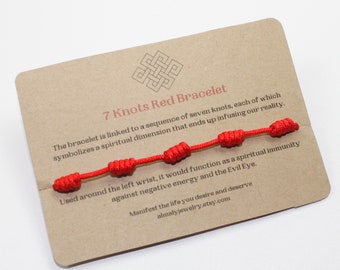 May include: Red string bracelet with seven knots. The bracelet is linked to a sequence of seven knots, each of which symbolizes a spiritual dimension that ends up infusing our reality. Used around the left wrist, it would function as a spiritual immunity against negative energy and the Evil Eye. Manifest the life you desire and deserve almałyjewelry.etsy.com