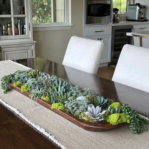 HUGE! 40”L x 12”W x 3”D faux succulent arrangement / centerpiece in a beautiful hand carved modern wooden dough bowl! Stunning!