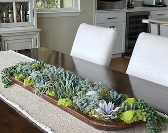 HUGE! 40”L x 12”W x 3”D faux succulent arrangement / centerpiece in a beautiful hand carved modern wooden dough bowl! Stunning!