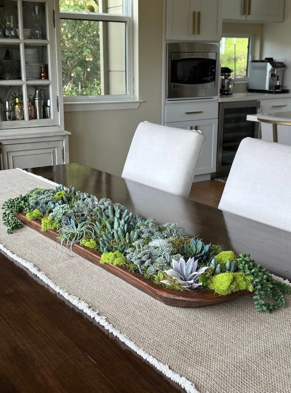 HUGE 40L X 12W X 3D Faux Succulent Arrangement Centerpiece Statement in a Beautiful Hand Carved Modern Wooden Dough Bowl Stunning Etsy