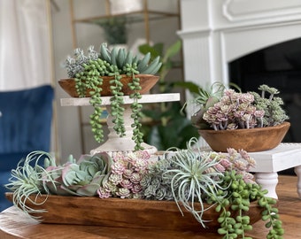 Beautiful Artificial Succulent Garden in a hand carved wood dough bowl! Three sizes to choose from! GORGEOUS!