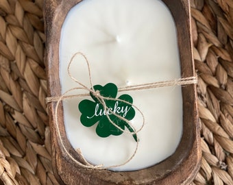 Hand carved wood soy wax dough bowl candle | St Patrick’s Day | Shamrock | Gift | 10”Lx6”Wx2”D