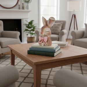 May include: A brown and cream-colored bunny figurine with a pink polka-dot bow, resting on a stack of books. The bunny has closed eyes and is sitting on a stack of books. The books are green, blue, and cream-colored. The figurine is on a wooden coffee table.