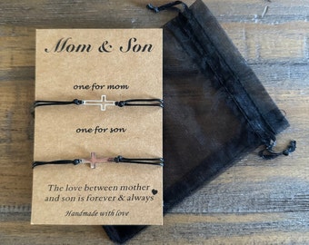 Mom & Son cross / Christian bracelet Set great gift! “Love between mother and son is forever”