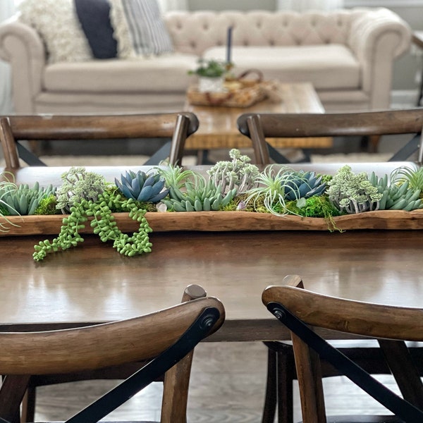 This faux succulent and cactus garden, in a modern wood dough bowl, is the perfect botanical statement for your home of business!