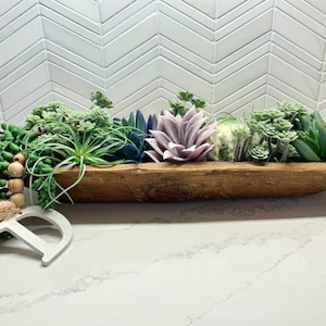 Beautiful!  Personalized hand carved wooden succulent dough bowl garden with decorative wood initial bead  10”L × 6 1/2 W x 2”D