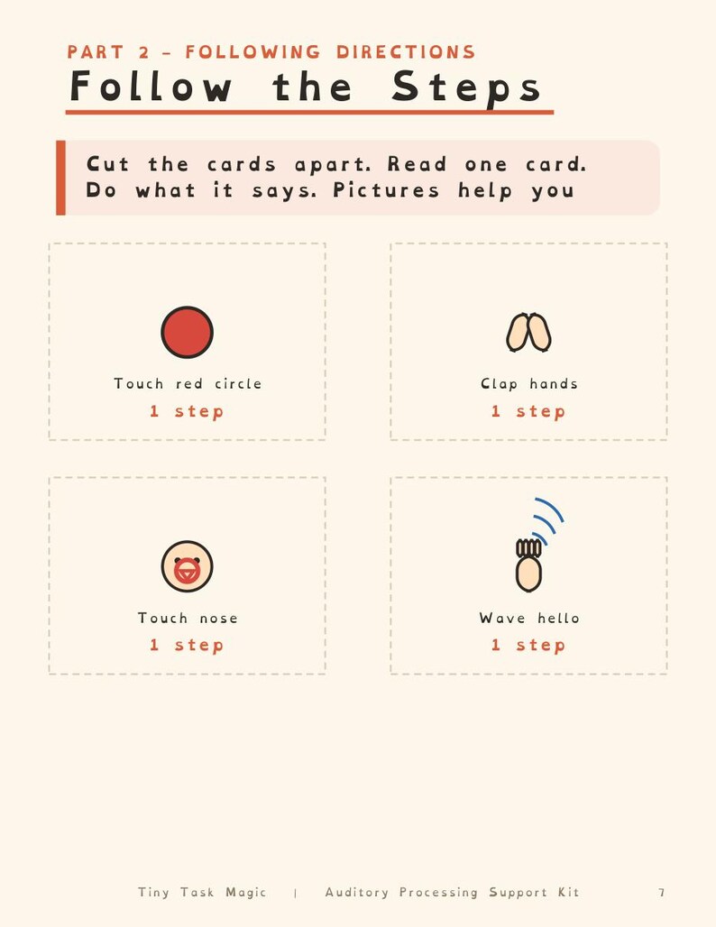 Puede incluir: Una p&aacute;gina titulada Part 2 - Following Directions: Follow the Steps. Contiene instrucciones para recortar tarjetas y cuatro tarjetas de tareas con iconos y texto: Touch red circle, Clap hands, Touch nose y Wave hello, cada una marcada 1 step.