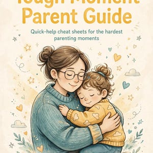 May include: A guide titled Tough Moment Parent Guide with the subtitle Quick-help cheat sheets for the hardest parenting moments. The cover features an illustration of an adult with glasses hugging a child, surrounded by stars and hearts.