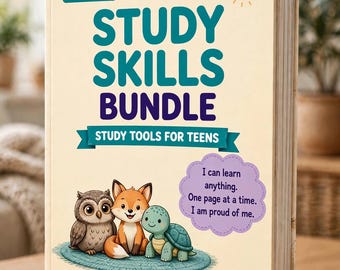 以下が含まれることがあります： Study Skills Bundle Study Tools for Teensというタイトルのクリーム色の本。Ages 13+とTiny Task Magicの文字がある。表紙にはラグの上に描かれたフクロウ、キツネ、カメのイラスト、太陽のアイコン、そしてI can learn anything. One page at a time. I am proud of me.と書かれた紫色の雲が描かれている。
