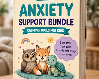 Puede incluir: Un libro titulado Anxiety Support Bundle Calming Tools for Kids Ages 5-12. La portada muestra un búho, un zorro y una tortuga sobre una alfombra azul, un sol, un arcoíris y una nube morada con el texto: I am brave. I am calm. I can do hard things. I am loved.