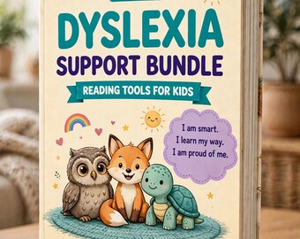 Puede incluir: Un libro titulado Dyslexia Support Bundle Reading Tools for Kids Ages 5-12 de Tiny Task Magic. La portada muestra un búho, un zorro y una tortuga, con un globo de texto morado que dice I am smart, I learn my way, I am proud of me.
