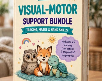 以下が含まれることがあります： 5歳から12歳向けの「Visual-Motor Support Bundle」というタイトルの本。なぞり書き、迷路、手先のスキルの練習が含まれています。表紙にはフクロウ、キツネ、カメが青いラグの上に描かれ、太陽、虹、そして「My hands are learning. I am patient. I am proud of my progress. Tiny Task Magic.」というテキストが記載されています。