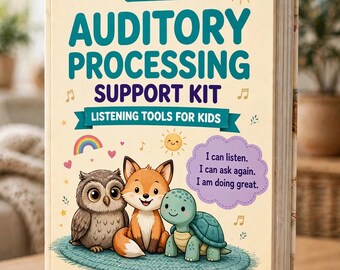 以下が含まれることがあります： Auditory Processing Support Kit Listening Tools for Kids Ages 5-12というタイトルの本。表紙にはフクロウ、キツネ、カメが青いラグの上に描かれており、紫色の吹き出しにはI can listen. I can ask again. I am doing great.と書かれています。下部にはTiny Task Magicと印刷されています。