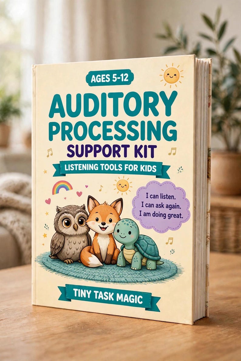 Puede incluir: Un libro titulado Auditory Processing Support Kit Listening Tools for Kids Ages 5-12. La portada muestra un b&uacute;ho, un zorro y una tortuga sobre una alfombra azul, con un globo de texto morado que dice I can listen. I can ask again. I am doing great. Tiny Task Magic aparece impreso en la parte inferior.