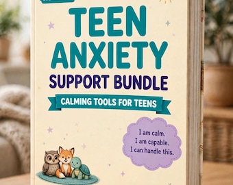 以下が含まれることがあります： Teen Anxiety Support Bundleというタイトルのクリーム色の本。サブタイトルはCalming Tools for Teens。表紙には太陽のアイコン、I am calm. I am capable. I can handle this.と書かれた紫色の雲、そして3匹の小さな動物が描かれています。