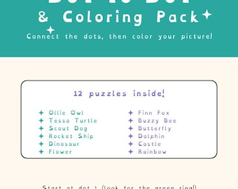 以下が含まれることがあります： ティールとクリーム色の「Tiny Task Magic Dot-to-Dot & Coloring Pack」と題されたアクティビティシート。Ollie Owl、Tessa Turtle、Scout Dog、Rocket Ship、Dinosaur、Flower、Finn Fox、Buzzy Bee、Butterfly、Dolphin、Castle、Rainbowを含む12種類のパズルがリストされています。
